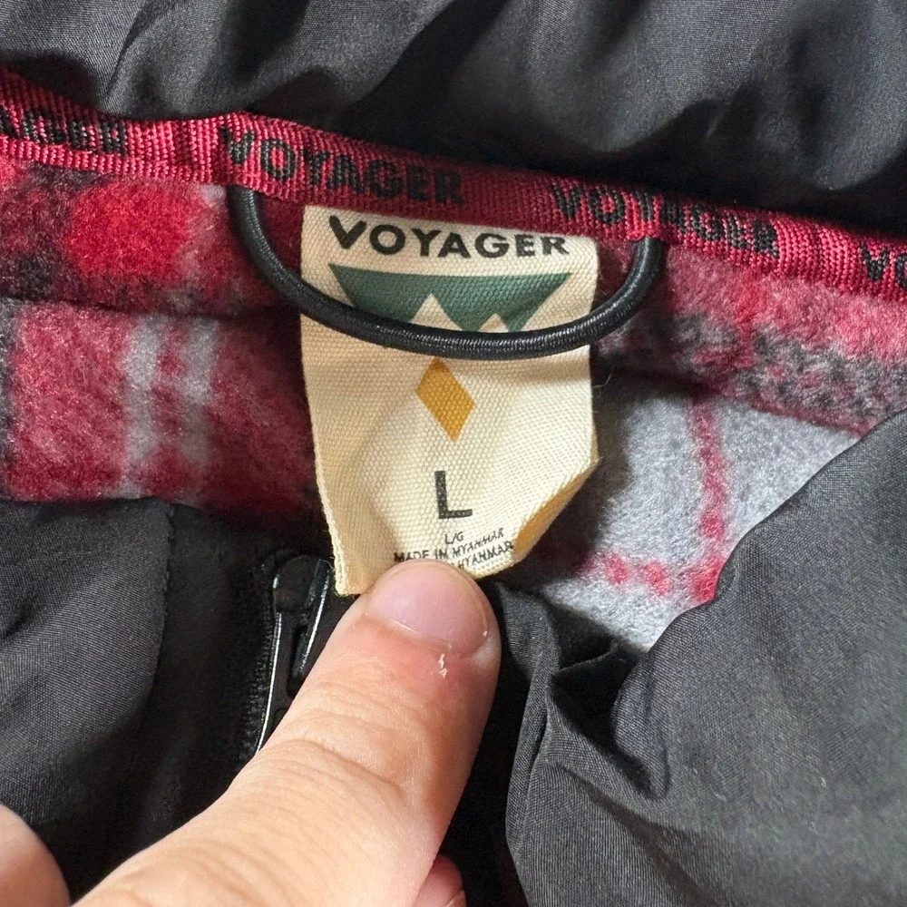 Voyager Mens Puffer Jacket Large Black Quilted Full Zip Red Plaid Fleece Lining